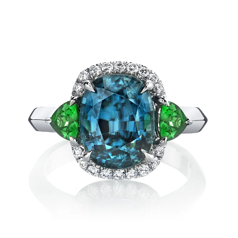 Women’s antique diamond engagement ring-Blue Zircon, Tsavorite Garnet and Diamond 3-Stone Ring