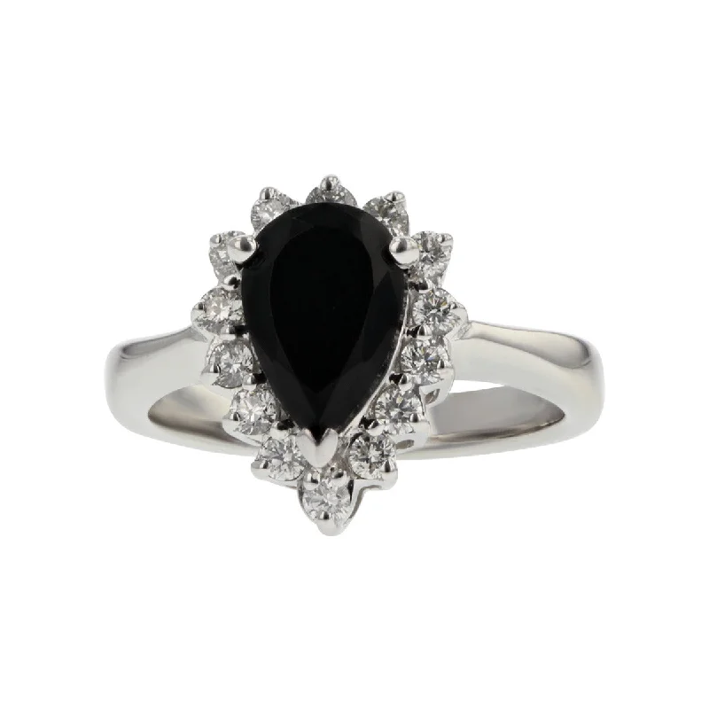 Women’s luxurious engagement ring-14K Gold Pear-Shaped Onyx and Diamond Halo Ring