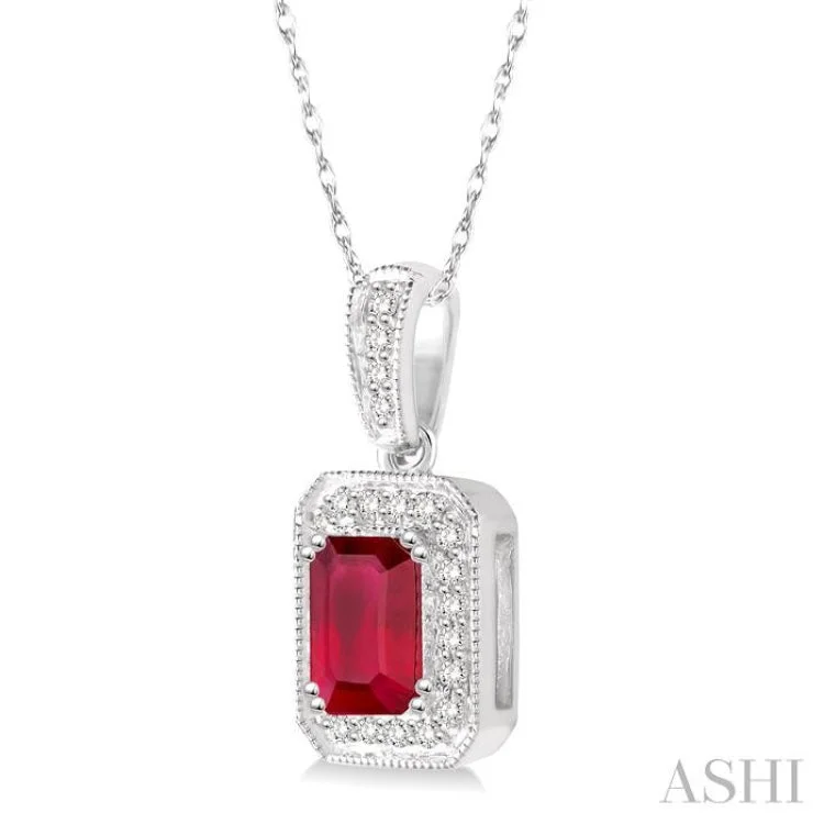 Women’s turquoise necklace-6x4 mm Emerald Cut Ruby and 1/5 Ctw Round Cut Diamond Pendant in 14K White Gold with Chain