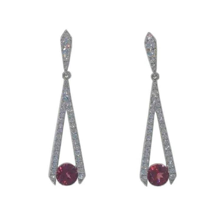 Women’s engraved diamond earrings-Garnet and Diamond Drop Earrings in 18K White Gold