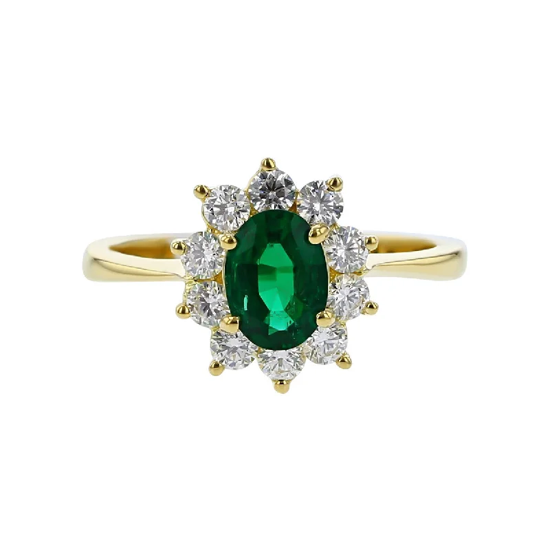 Women’s diamond engagement ring-18K Yellow Gold Emerald and Diamond Halo Ring