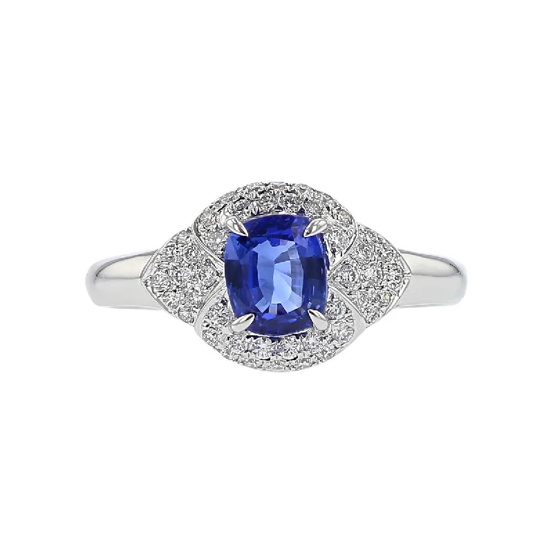 Women’s custom-designed engagement ring-14K White Gold Sapphire and Diamond Halo Ring