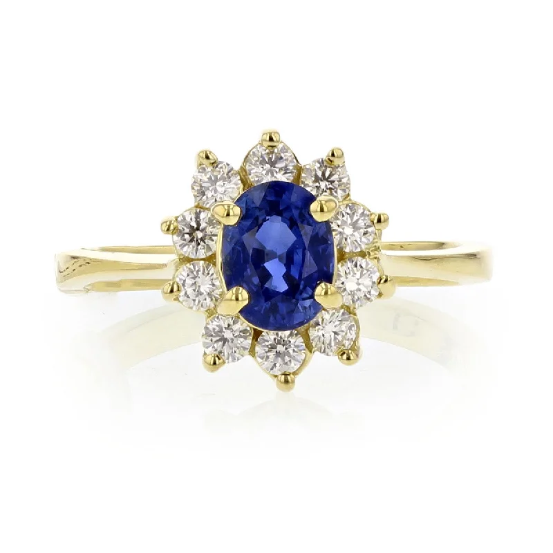 Women’s large diamond engagement ring-18K Yellow Gold Sapphire and Diamond Halo Ring