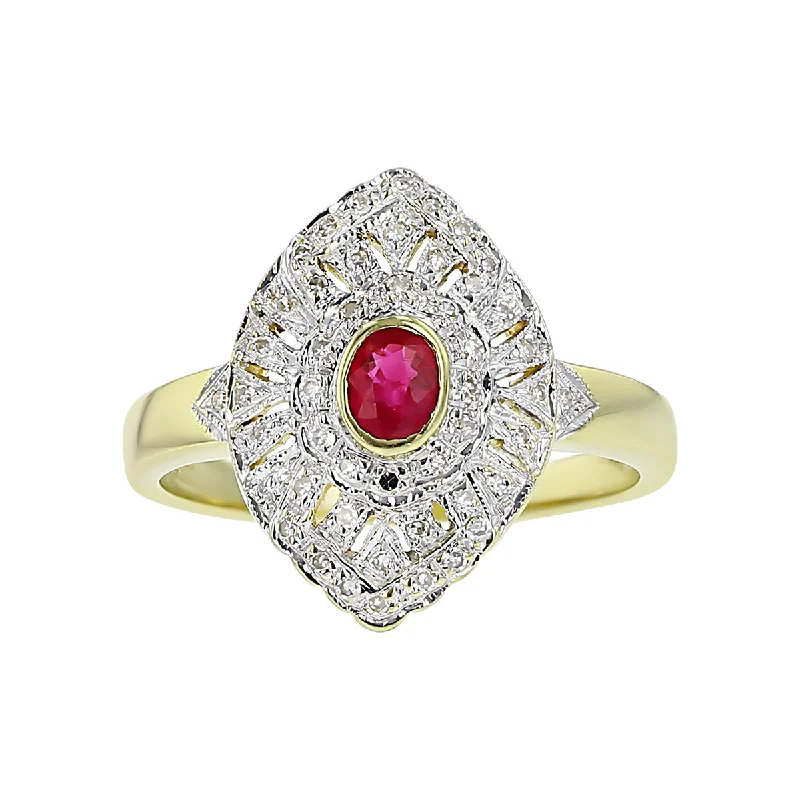 Women’s engagement ring with colored stones-14K Yellow Gold Ruby and Diamond Halo Ring