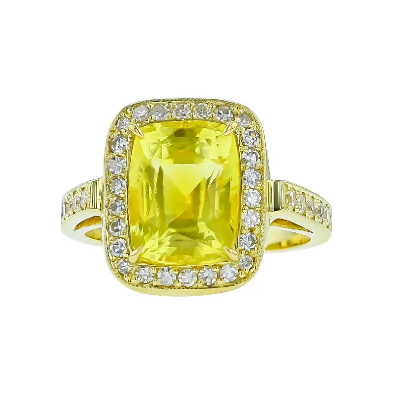 Women’s cushion-cut solitaire engagement ring-18K Yellow Gold Yellow Sapphire and Diamond Halo Ring