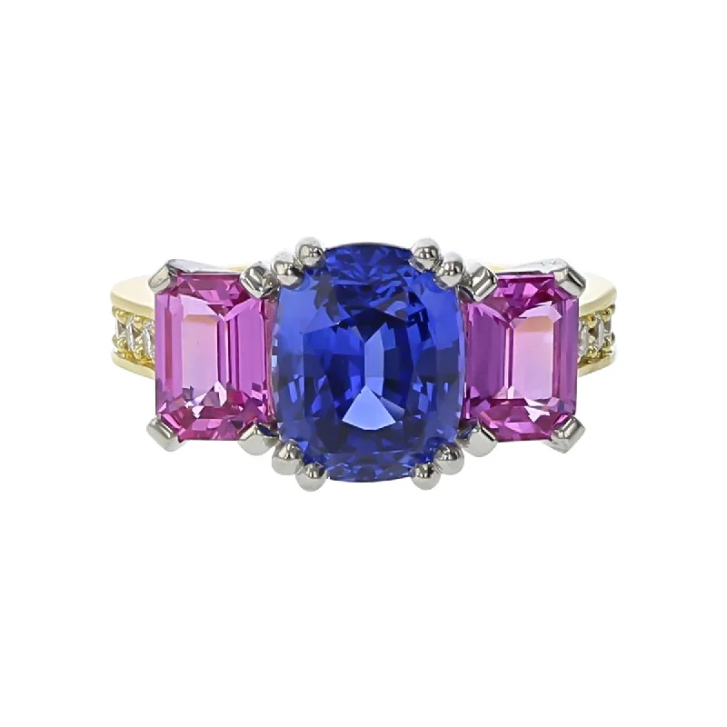 Women’s platinum eternity engagement ring-Blue and Pink Sapphire 3-Stone Ring with Diamonds