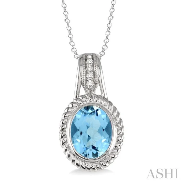 Women’s designer necklace-10x8 MM Oval Cut Blue Topaz and 1/20 Ctw Single Cut Diamond Pendant in Sterling Silver with Chain