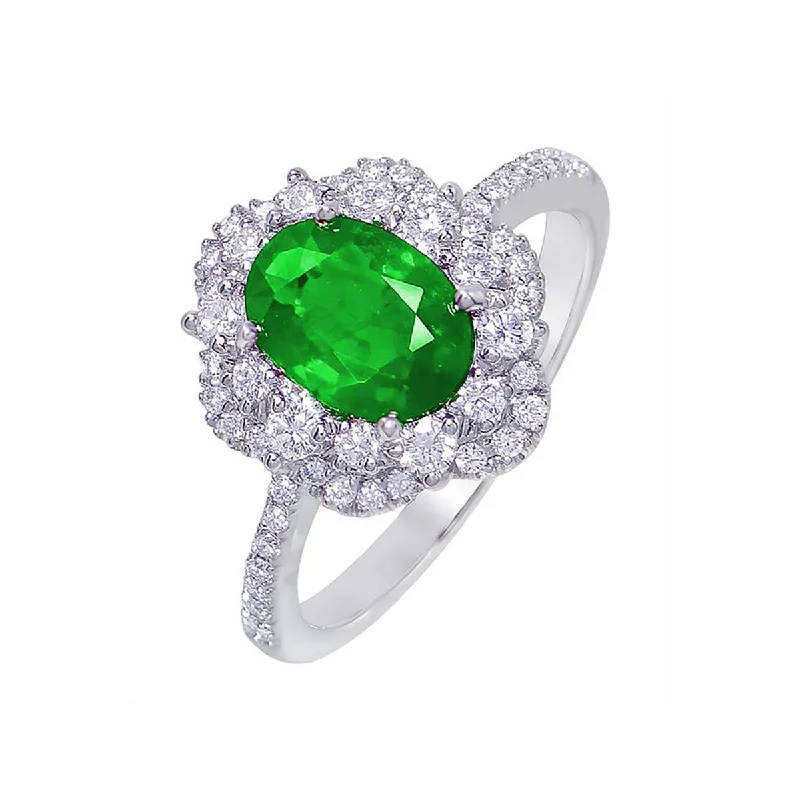 Women’s high-end engagement ring-Emerald Ring with Scalloped Diamond Double Halo