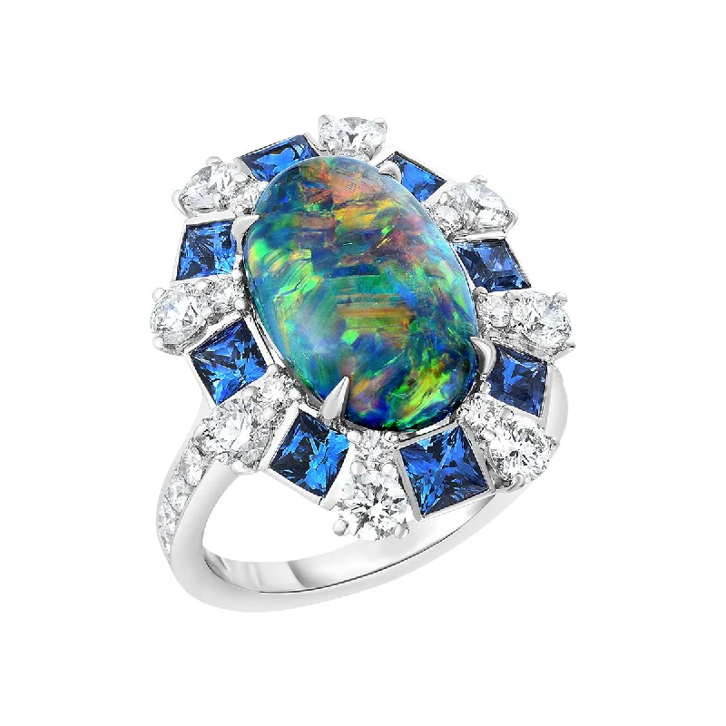 Women’s diamond-studded halo engagement ring-Black Opal, Sapphire and Diamond Halo Ring