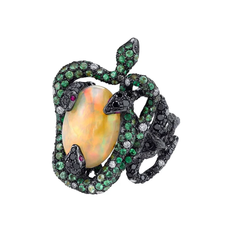 Women’s handmade engagement ring-18K Opal, Tsavorite and Black Diamond Snake Ring