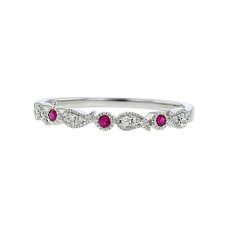 Women’s cushion-shaped diamond engagement ring-14K White Gold Diamond and Ruby Stackable Band