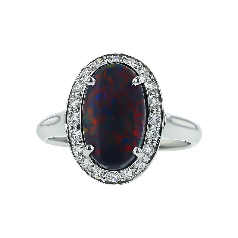 Women’s simple gold engagement ring-18K White Gold Black Opal and Diamond Halo Ring