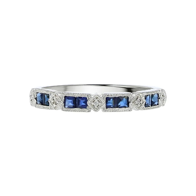 Women’s custom-cut engagement ring-14K White Gold Diamond and Sapphire Stackable Band