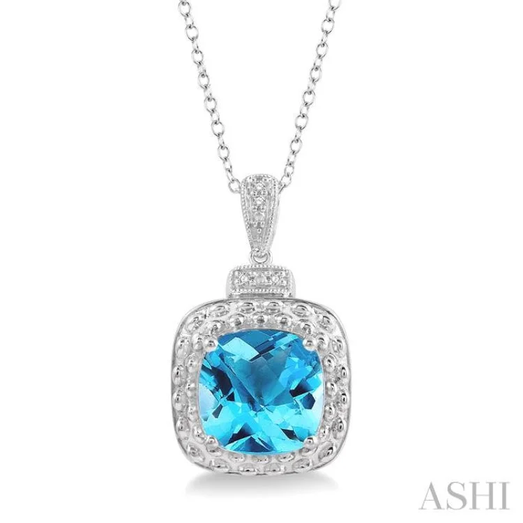 Women’s teardrop necklace-1/50 Ctw Round Cut Diamond & 10x10MM Cushion Cut Blue Topaz Semi-Precious Pendant With Chain in Sterling Silver