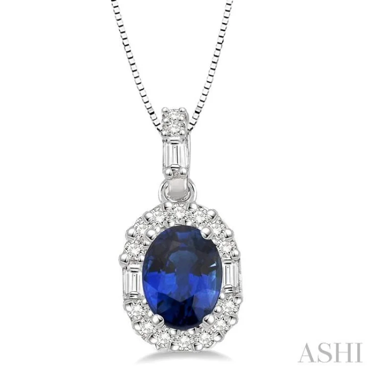 Women’s round pendant necklace-6x4 MM Oval Shape Sapphire and 1/4 Ctw Diamond Pendant in 14K White Gold with Chain