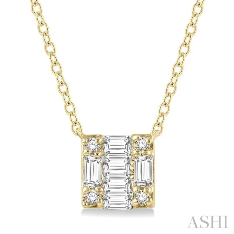 Women’s birthstone pendant necklace-1/8 Ctw Square Shape Baguette and Round Cut Diamond Petite Fashion Pendant With Chain in 10K Yellow Gold