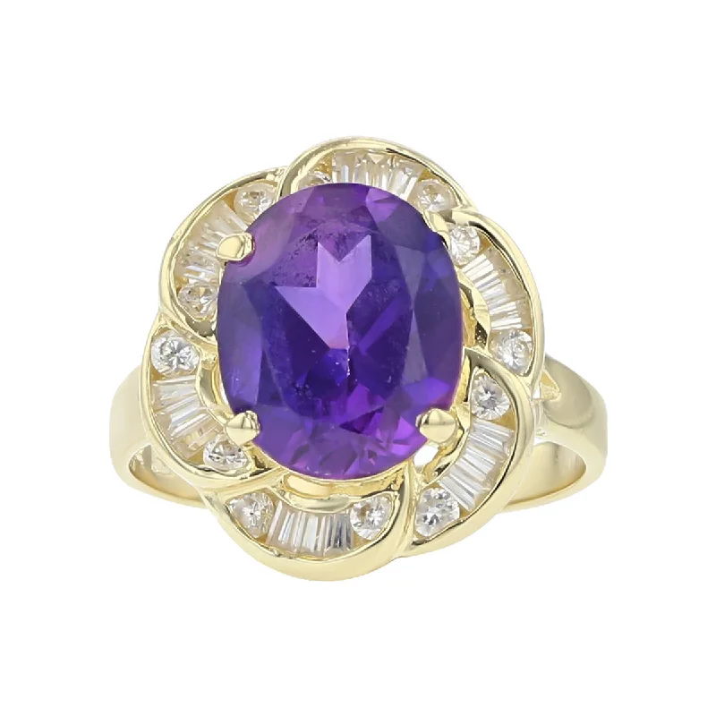 Women’s radiant-cut engagement ring-14K Yellow Gold Amethyst and Diamond Halo Ring