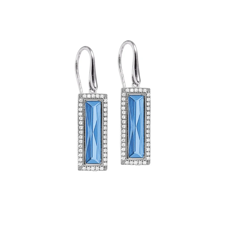 Women’s long drop earrings-Rhodium Finish Sterling Silver Earrings with Rectangular Simulated Blue Topaz Stones and Simulated Diamonds