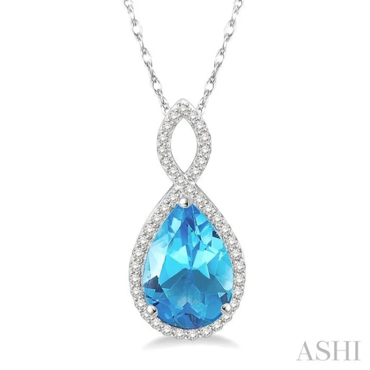 Women’s boho necklace-1/4 Ctw Round Cut Diamond and Entwined Pear Cut 12x8mm Blue Topaz Semi Precious Pendant in 10K White Gold with chain