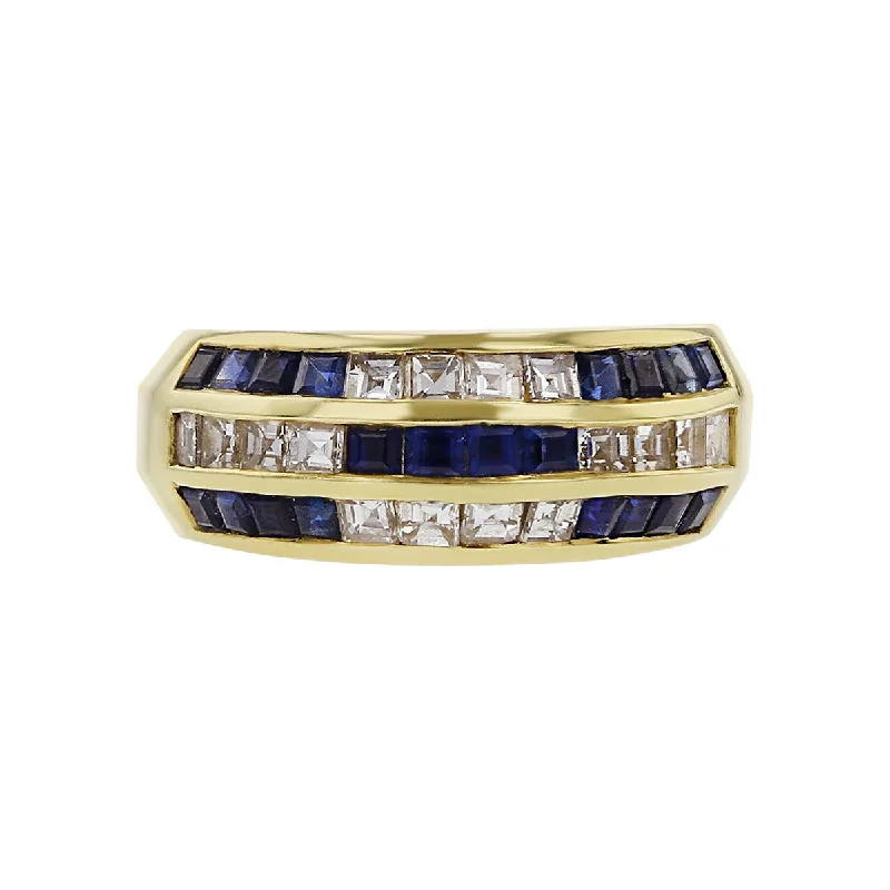 Women’s custom engagement ring-18K Yellow Gold Diamond and Sapphire 3 Row Ring