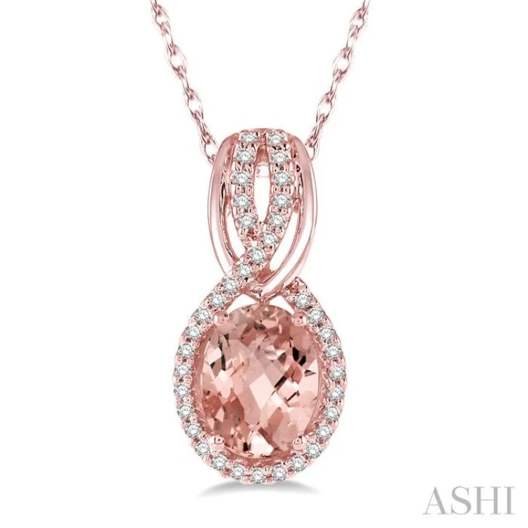 Women’s collar necklace-1/6 Ctw Round Cut Diamond and Oval Cut 8x6mm Morganite Entwined Semi Precious Pendant in 14K Rose Gold with chain