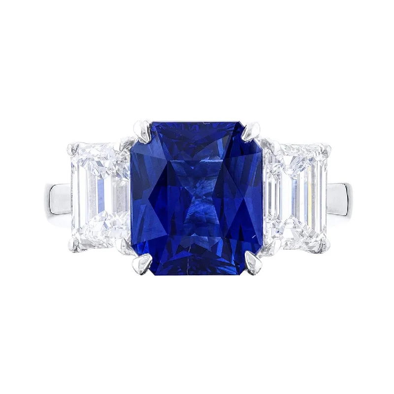 Women’s simple engagement ring-Emerald-cut Sapphire and Diamond 3-Stone Ring