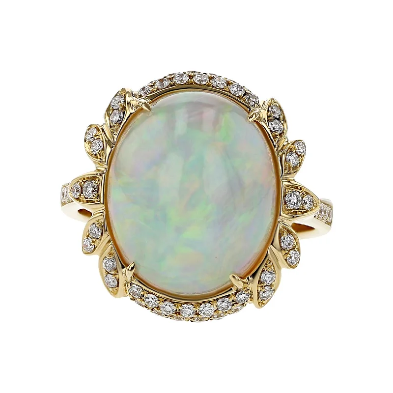 Women’s engagement ring with a diamond band-Ethiopian White Opal and Diamond Halo Ring