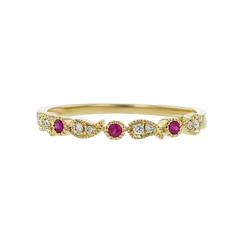 Women’s intricate diamond engagement ring-14K Yellow Gold Diamond and Ruby Stackable Band