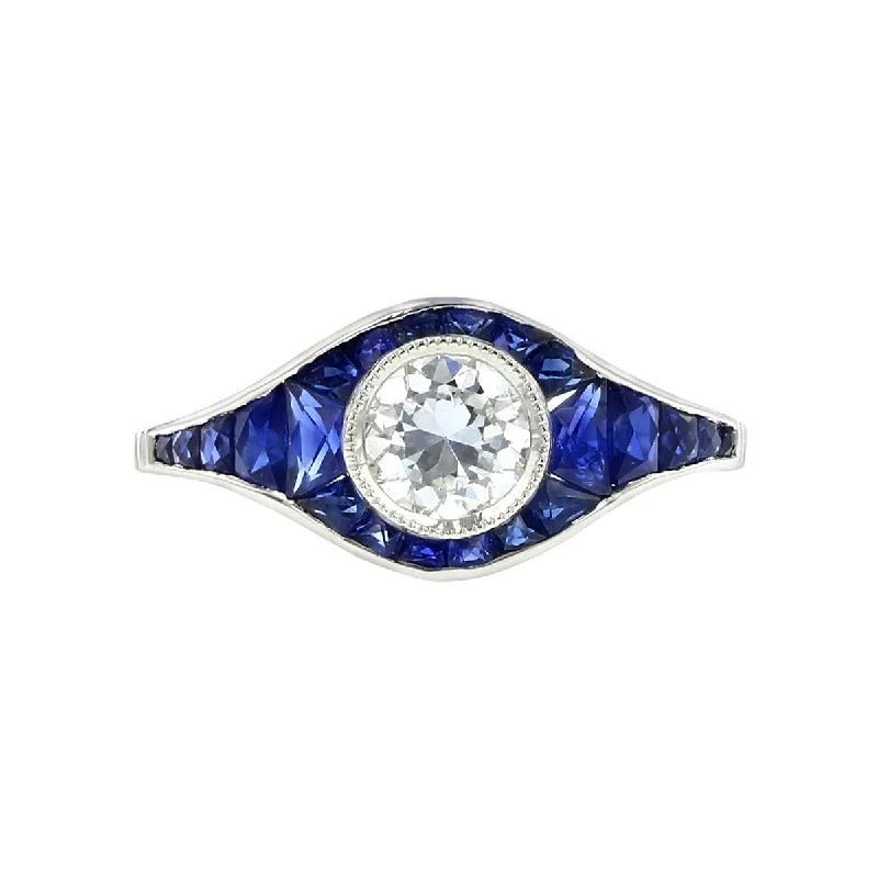 Women’s sapphire engagement ring-1.12 Carat European-Cut Diamond and Sapphire Ring