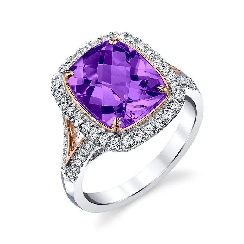 Women’s gemstone engagement ring-Amethyst 14k White Gold with Rose Gold accent Ring with Diamonds