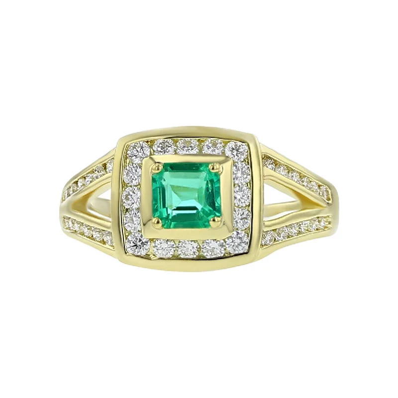 Women’s gold engagement ring-18K Yellow Gold Emerald and Diamond Halo Ring