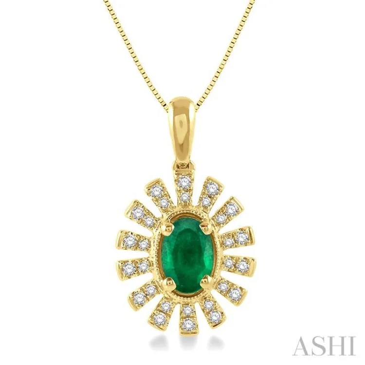 Women’s simple necklace-1/8 Ctw Floral Pattern 6x4mm Oval Cut Emerald & Round Cut Diamond Precious Pendant With Chain in 10K Yellow Gold