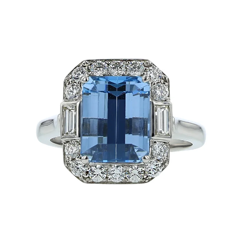 Women’s cushion-cut diamond engagement ring-Emerald-cut Aquamarine and Diamond Halo Ring