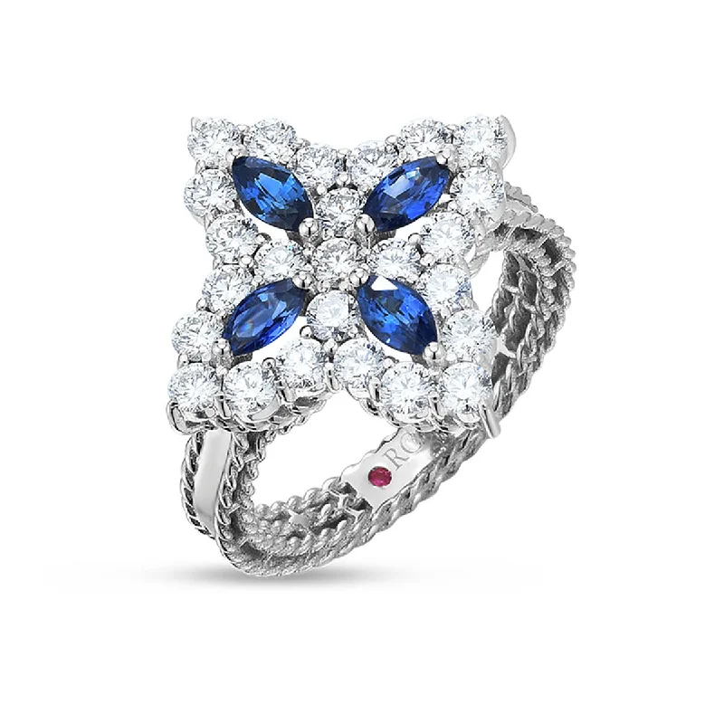 Women’s art deco engagement ring-18K Diamond and Sapphire Princess Flower Ring