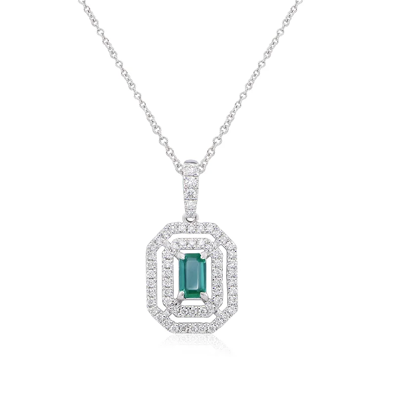 Women’s trendy necklace-EMERALD AND DIAMOND HALO NECKLACE