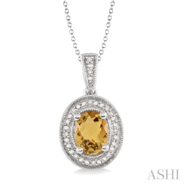 Women’s teardrop necklace-8x6 MM Oval Cut Citrine and 1/20 Ctw Single Cut Diamond Pendant in Sterling Silver with Chain