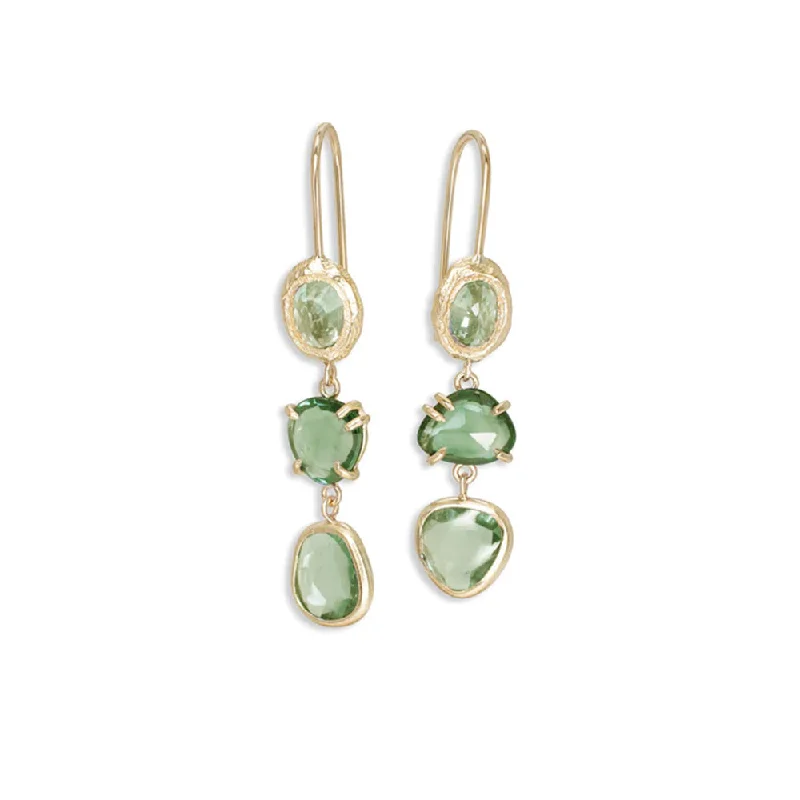 Women’s layered gold earrings-Page Sargisson 18K Gold Triple Drop Earring in Green Sapphire