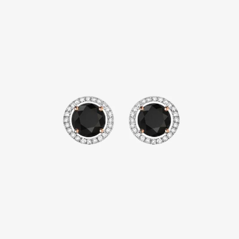 Women’s colorful earrings-Black and White Diamonds. Halo Gold Stud Earrings