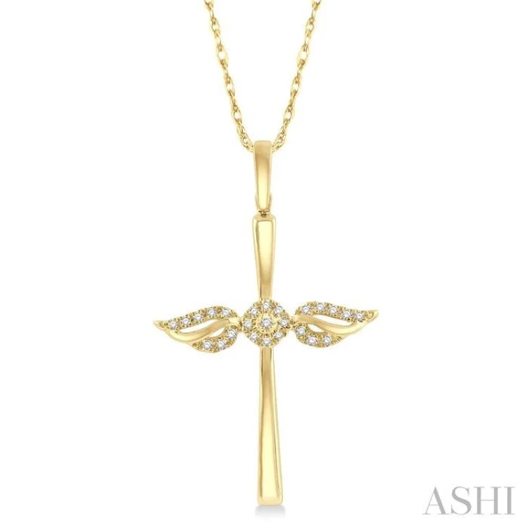 Women’s silver-plated necklace-1/10 Ctw Angel Wing Round Cut Diamond Cross Pendant With Chain in 10K Yellow Gold