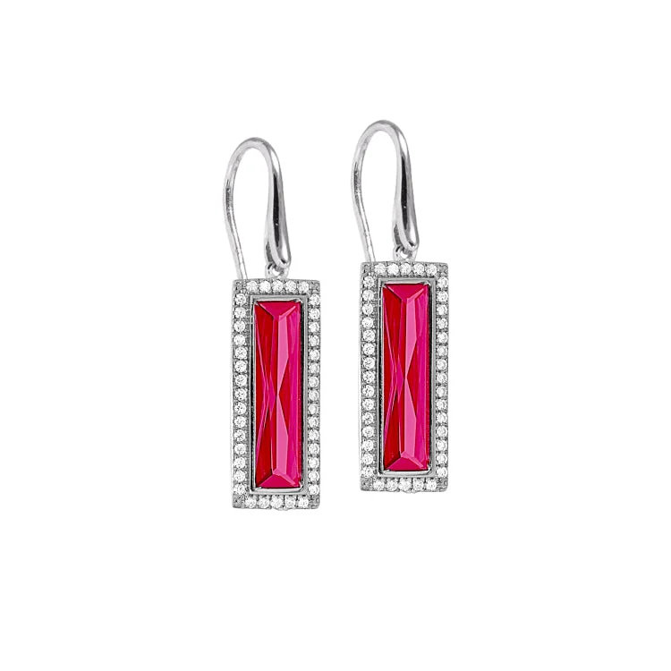 Women’s flower earrings-Rhodium Finish Sterling Silver Earrings with Rectangular Simulated Ruby Stones and Simulated Diamonds