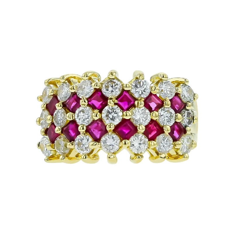 Women’s rose gold engagement ring-18K Yellow Gold Diamond and Ruby Row Ring