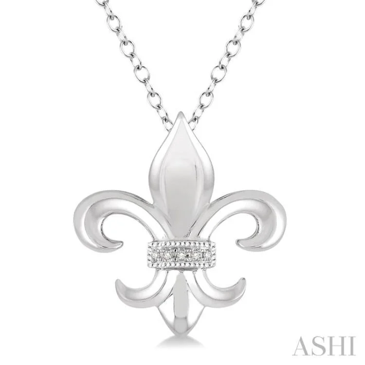 Women’s engraved pendant necklace-1/50 Ctw Round Cut Diamond Fleur De Lis Pendant in Sterling Silver with Chain