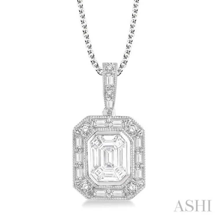 Women’s eternity necklace-7/8 Ctw Emerald, Baguette & Round Cut Fusion Diamond Pendant in 14K White Gold