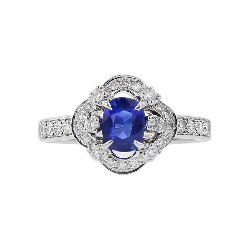 Women’s engraved engagement ring-14K White Gold Sapphire and Diamond Halo Ring