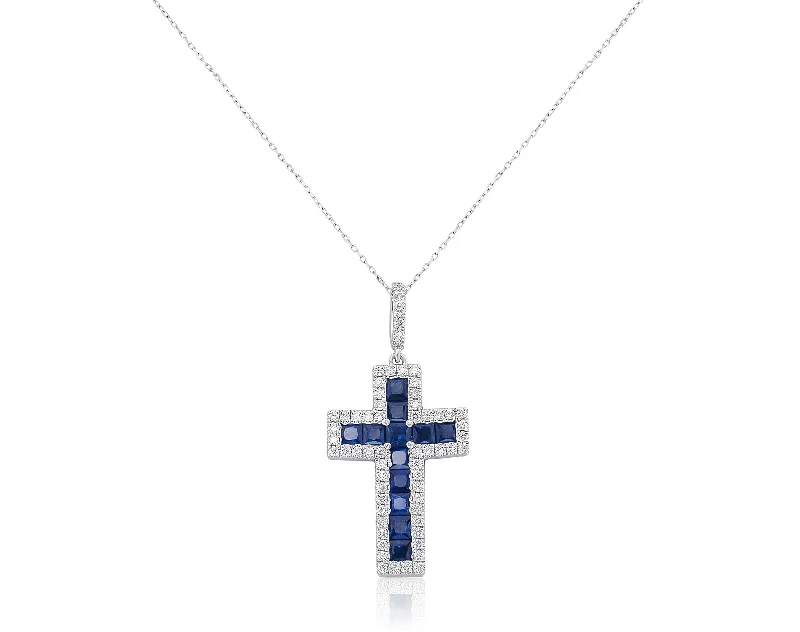 Women’s designer necklace-DIAMOND AND BLUE SAPPHIRE CROSS NECKLACE