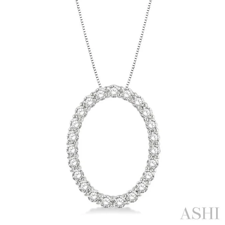 Women’s platinum necklace-1 Ctw Oval Shape Window Round Cut Diamond Pendant With Chain in 14K  White Gold