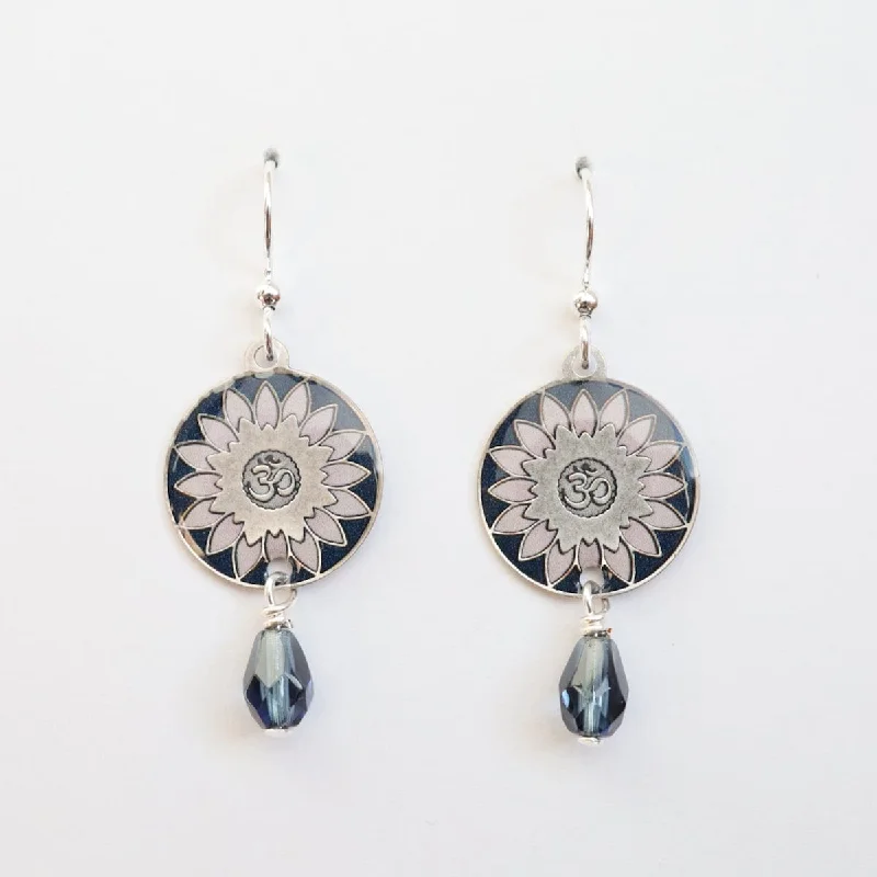 Women’s boho earrings-Silver Blue Ohm Mandala with Blue Bead Earrings