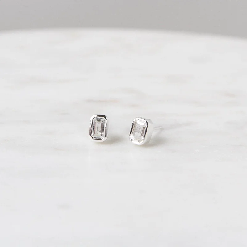 Women’s long drop earrings-Sterling Silver Bezel Set Emerald Cut White Topaz Earrings