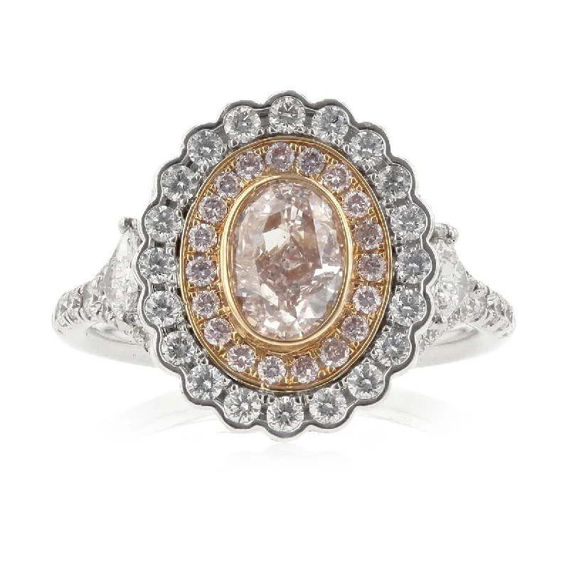 Women’s unique diamond engagement ring-18K White and Rose Gold Pink Diamond Double Halo Ring