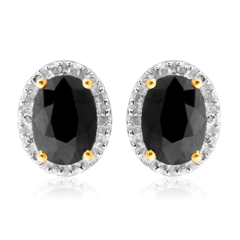 Women’s handmade earrings-9ct Yellow Gold 5X7mm Oval Cut Natural Sapphire and 0.14 Carat Diamond Stud Earrings